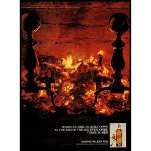 1982 Johnnie Walker Red Label Scotch Vintage Print Ad Fire Fireplace Andirons
